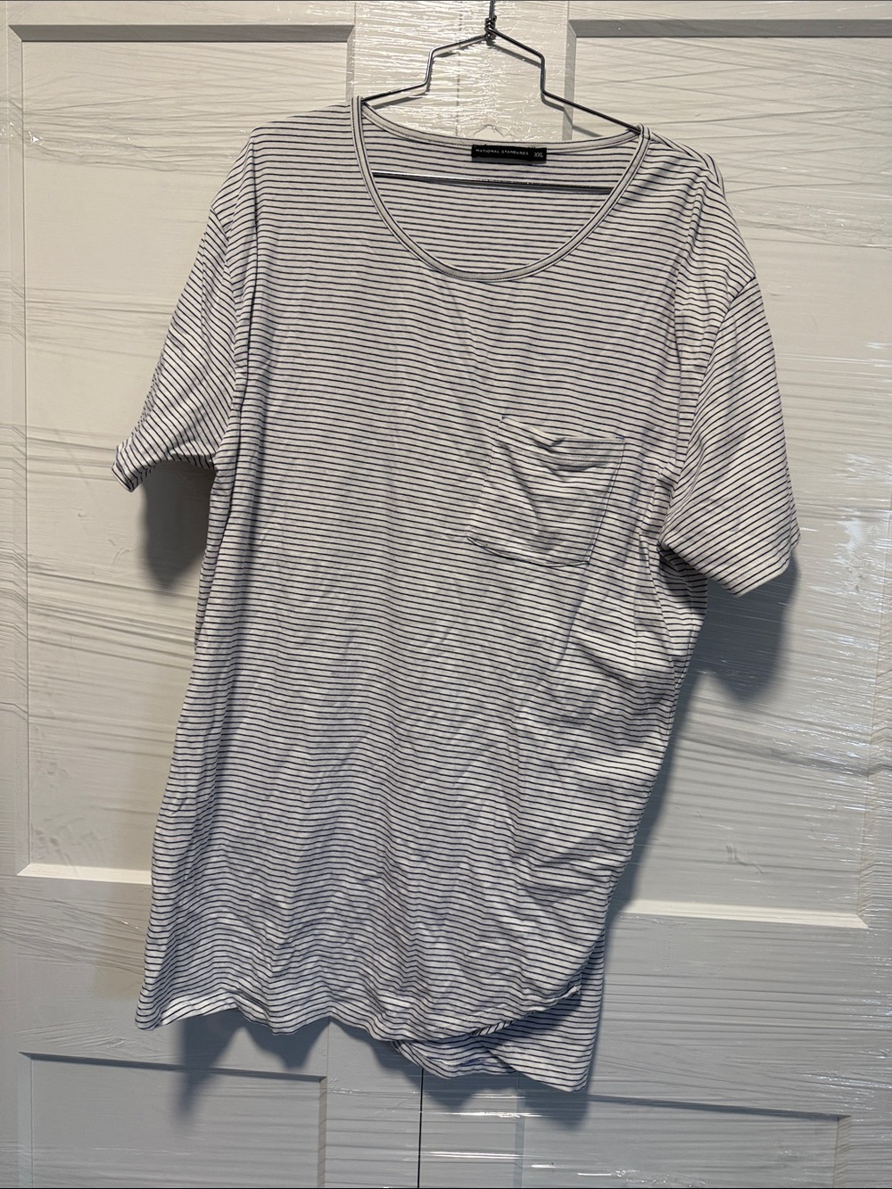 Men's White and Navy Stripe Pocket Tee
